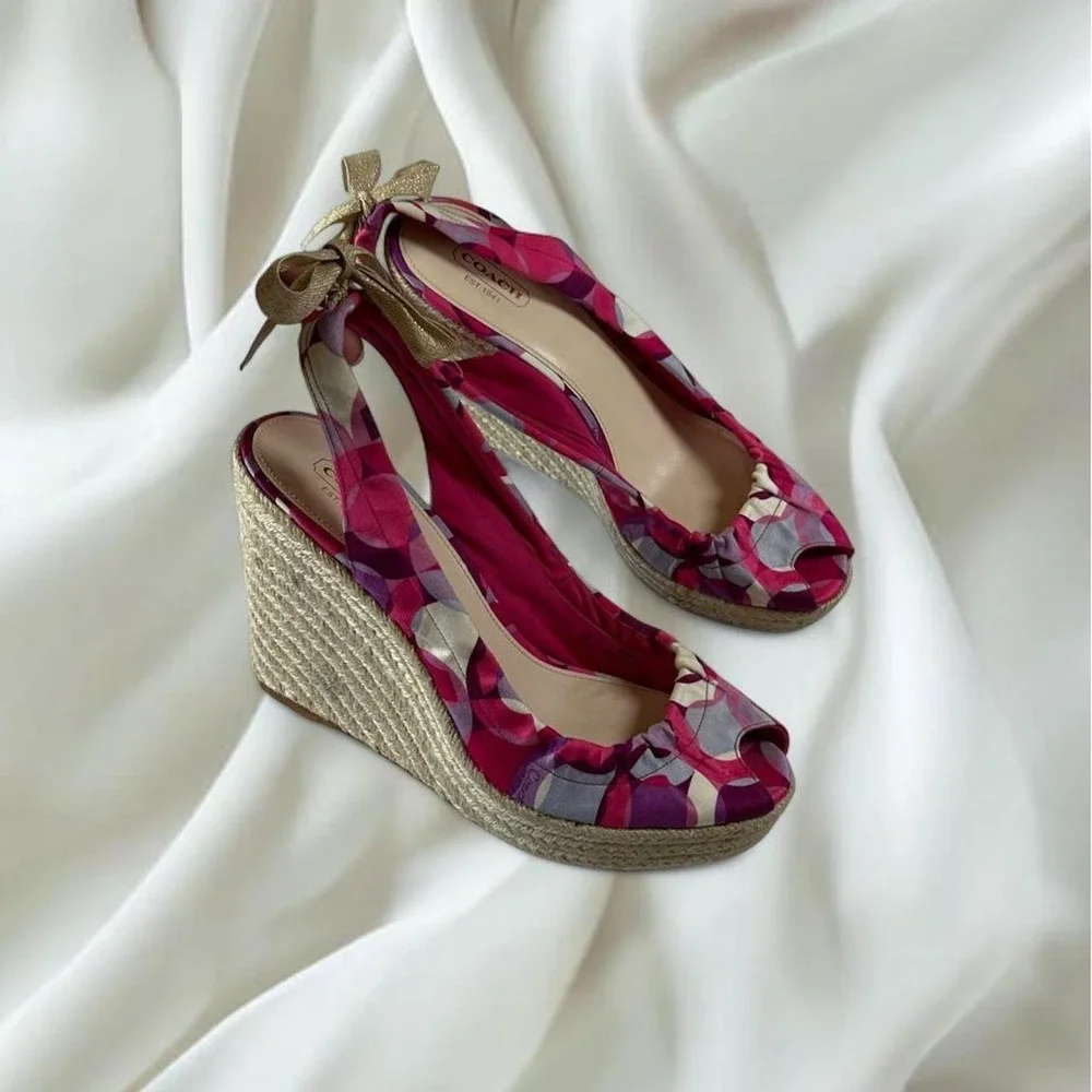 Coach Maritza pink canvas espadrille platform wedge sandals peep toe y2k